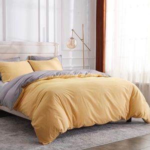Duvet Cover Set Cal King Size,100% Washed Cotton Light Yellow Grey 3 Piece Bed
